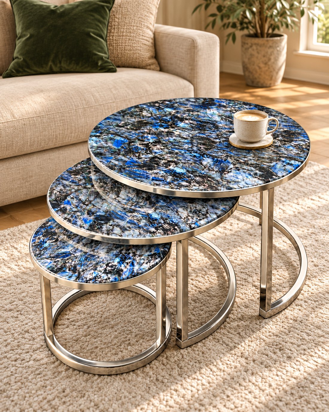 The Estelle nesting table collection styled in a living room